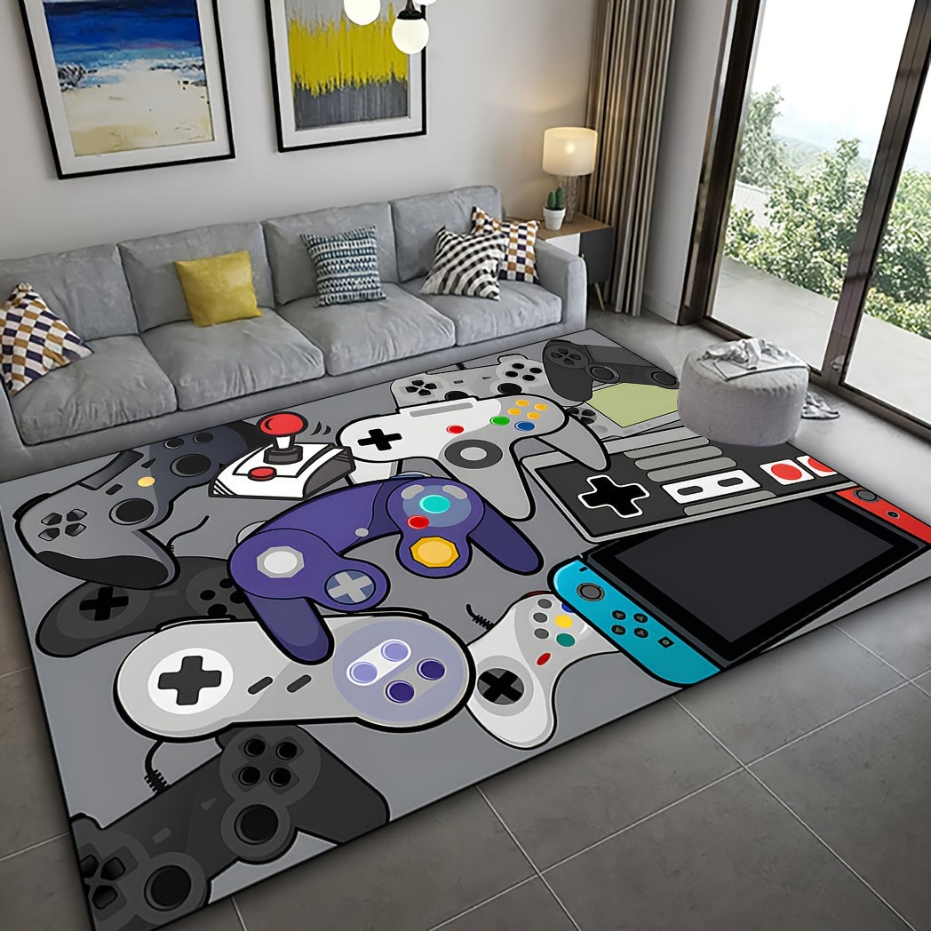 Game Controller Pattern Area Rugs available in various sizes (19 x 31, 31 x 47, 47 x 62, 62 x 90 inches). Made of anti-slip and machine washable polyester fiber carpet. Ideal for use in bedrooms, living rooms, offices, and gaming rooms. Perfect for