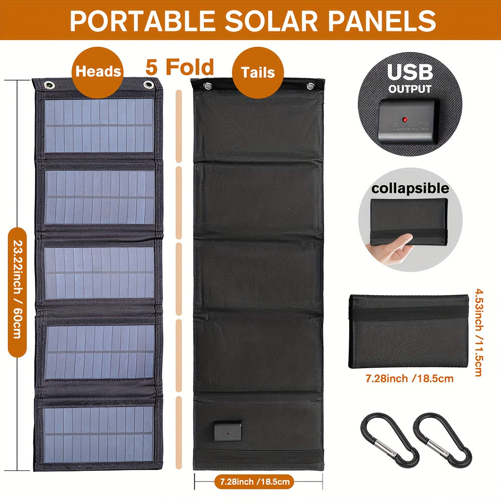 Portable foldable solar charger panel with high-efficiency monocrystalline silicon and USB charging for phones and fans. Ideal for outdoor camping and travel, with no battery and