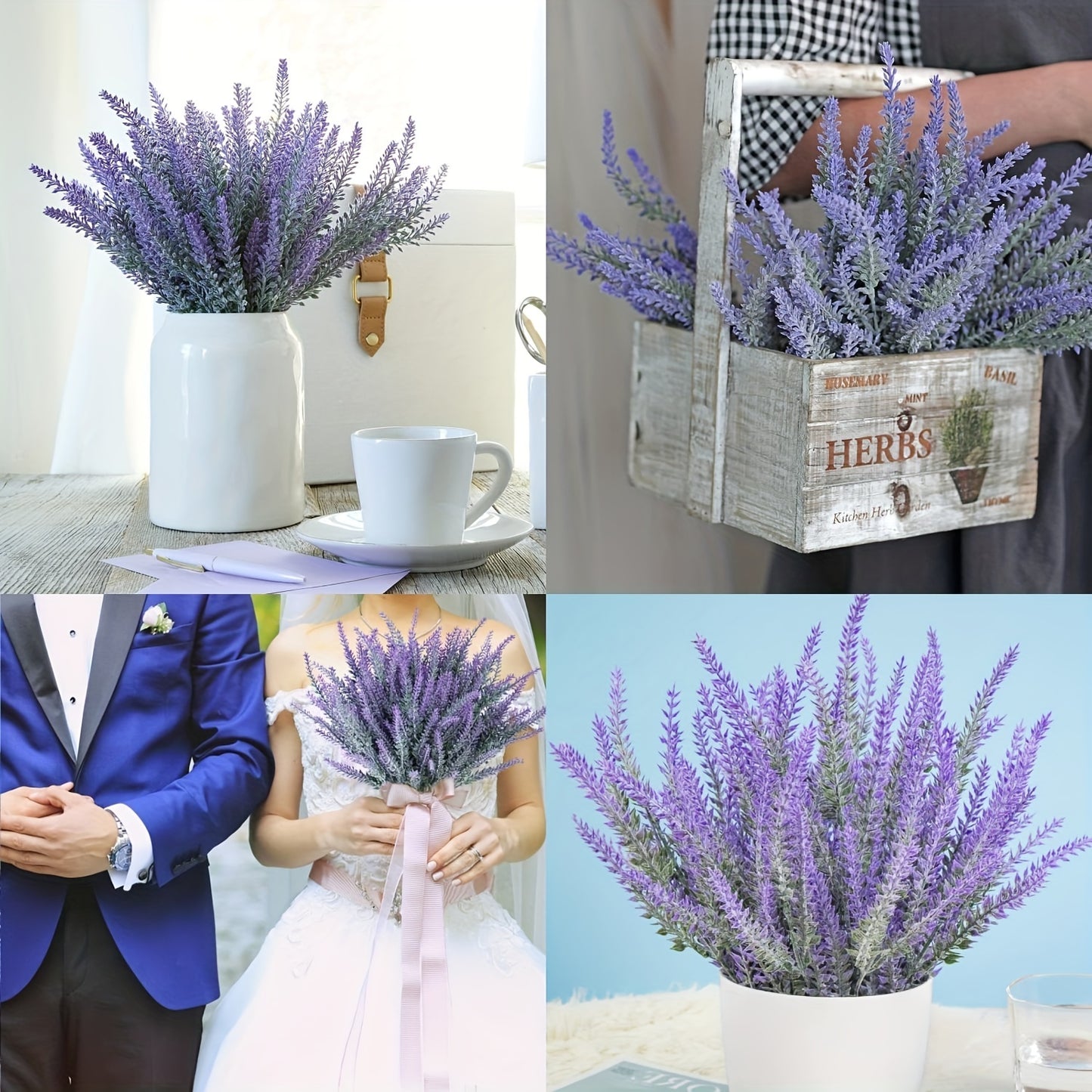 4 bundles of artificial lavender faux plastic purple flowers for indoor and outdoor home decor.