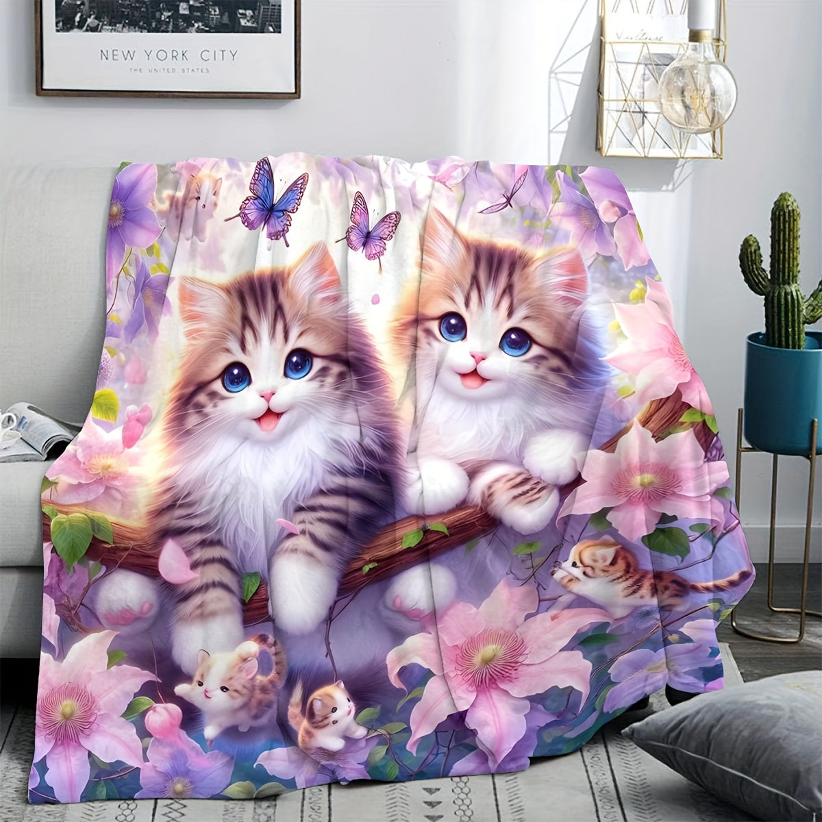 Soft and cozy plush throw blanket featuring a cute cat print design. Made of knitted flannel polyester, this all-season blanket is perfect for home, kitchen, bed, picnic, travel, and makes a great Christmas gift. With a contemporary style and weighing