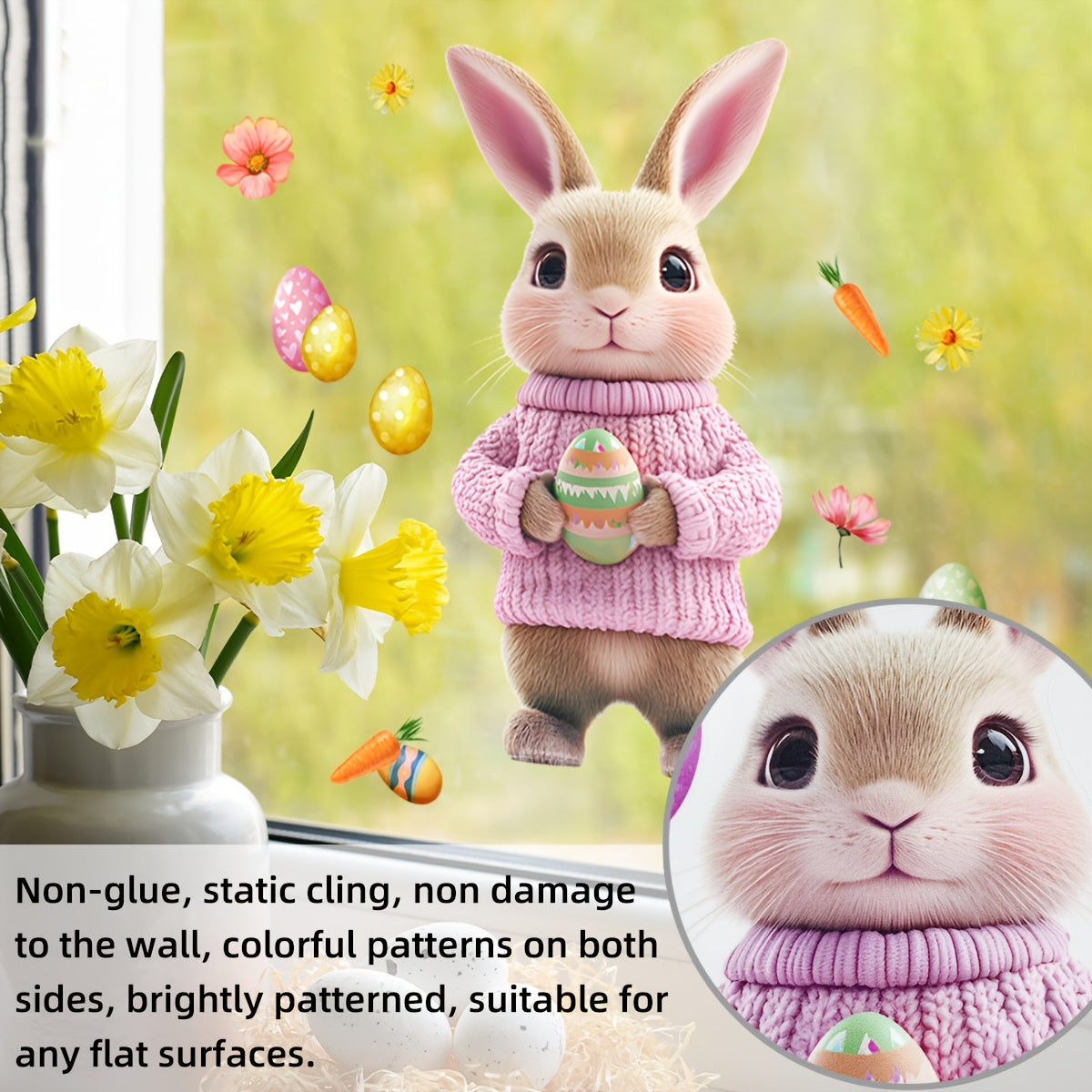 Decorate your home for spring with this adorable Easter Bunny holding egg dual-sided electrostatic window decal. This cute rabbit design features a carrot and flowers, making it the perfect addition to your Easter decor. Made from reusable PVC material