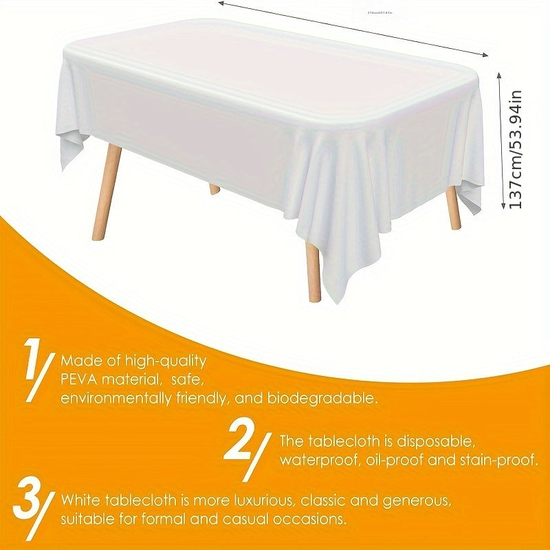 White Disposable Tablecloth - 12 pieces, measures 137x274cm. Waterproof and oil-resistant plastic, perfect for rectangular tables. Ideal for parties, weddings, family picnics, and birthdays.