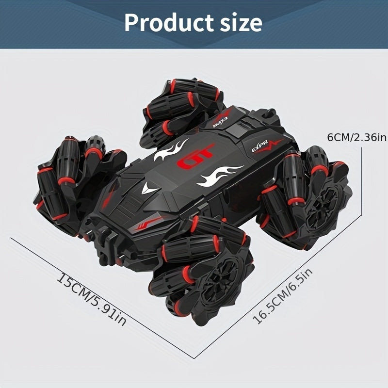 High-speed stunt drift remote control car for kids with gesture sensing, rechargeable, all-terrain vehicle with lights and sounds, USB charging. Black with red flames design, sporty and