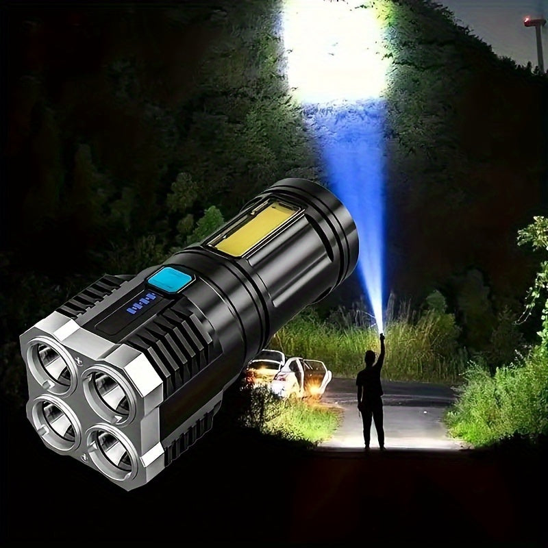 USB rechargeable LED flashlight with 4 modes and COB side light, perfect for outdoor activities.