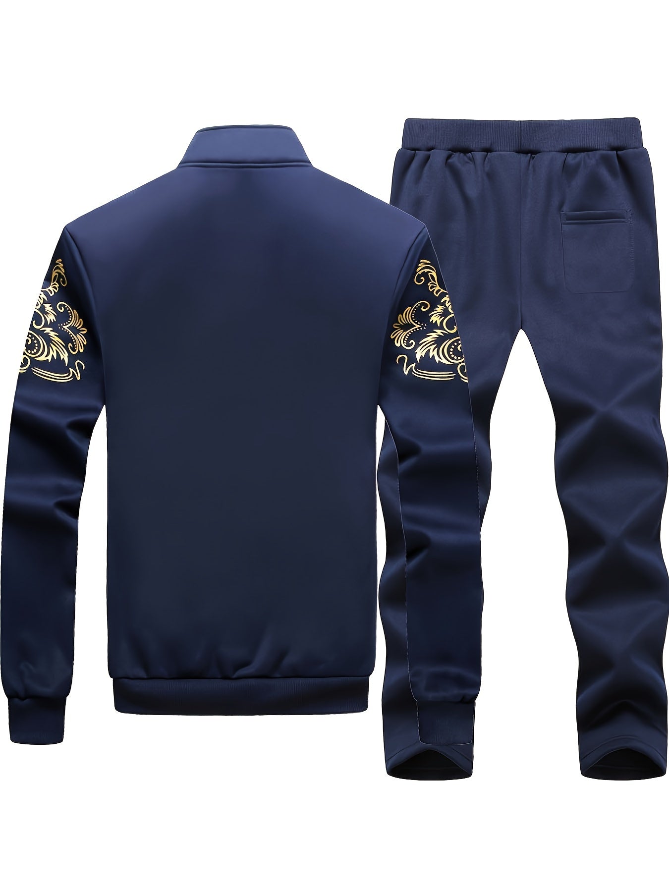 Men's casual 2-piece outfit with fashion printed full zip jacket and drawstring pants for a breathable, comfy sports set.