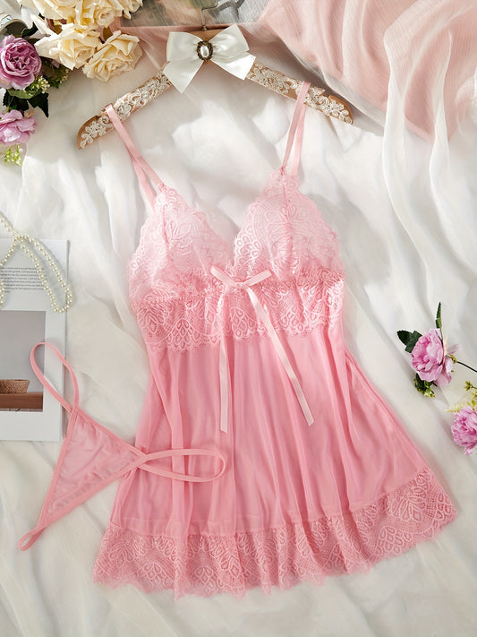 Pink lace nightgown set with satin bow detail, adjustable straps, and sheer boudoir vibe.