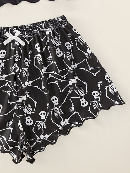 Skull palm print garter top with matching skull print shorts pajama set.