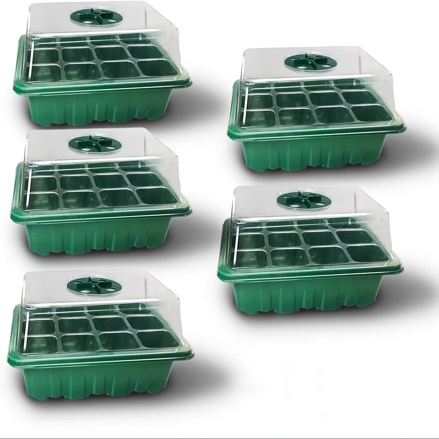 5-piece plastic germination tray set with adjustable vents for vegetables, flowers, and succulents. Reusable and breathable, includes plaid accessory and special function features.