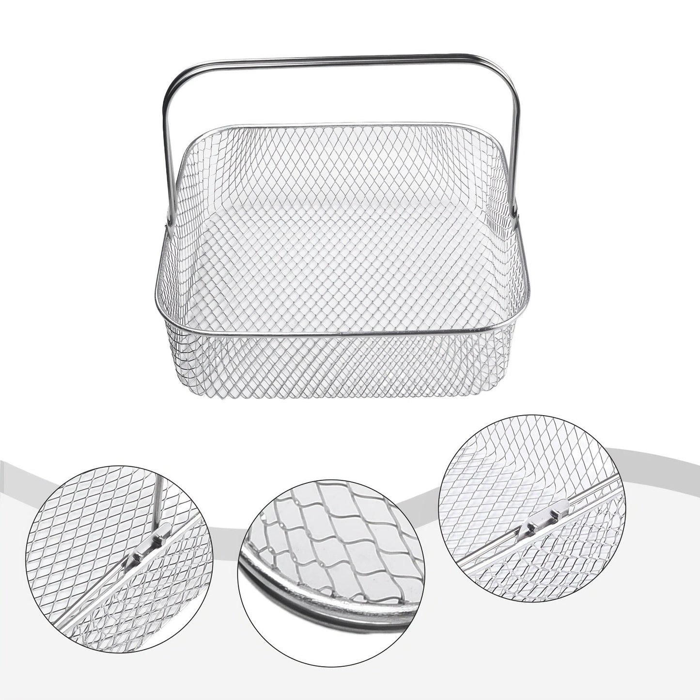 Experience the convenience of the 1-piece URTUE Stainless Steel Air Fryer Basket - square mesh design with a convenient carry handle. This breathable accessory is perfect for air frying and is safe for use in ovens and with food contact. No electricity