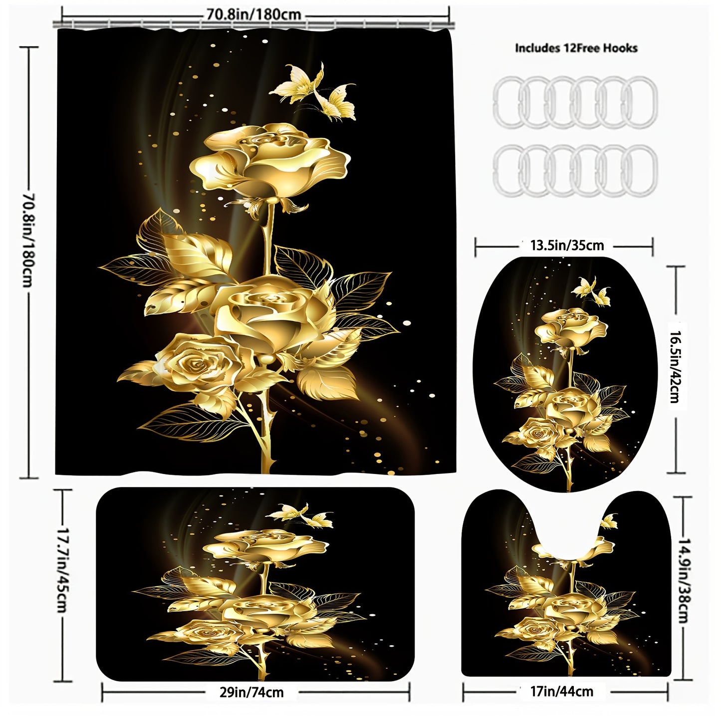 Black background and golden flower bathroom shower curtain set with toilet accessories.