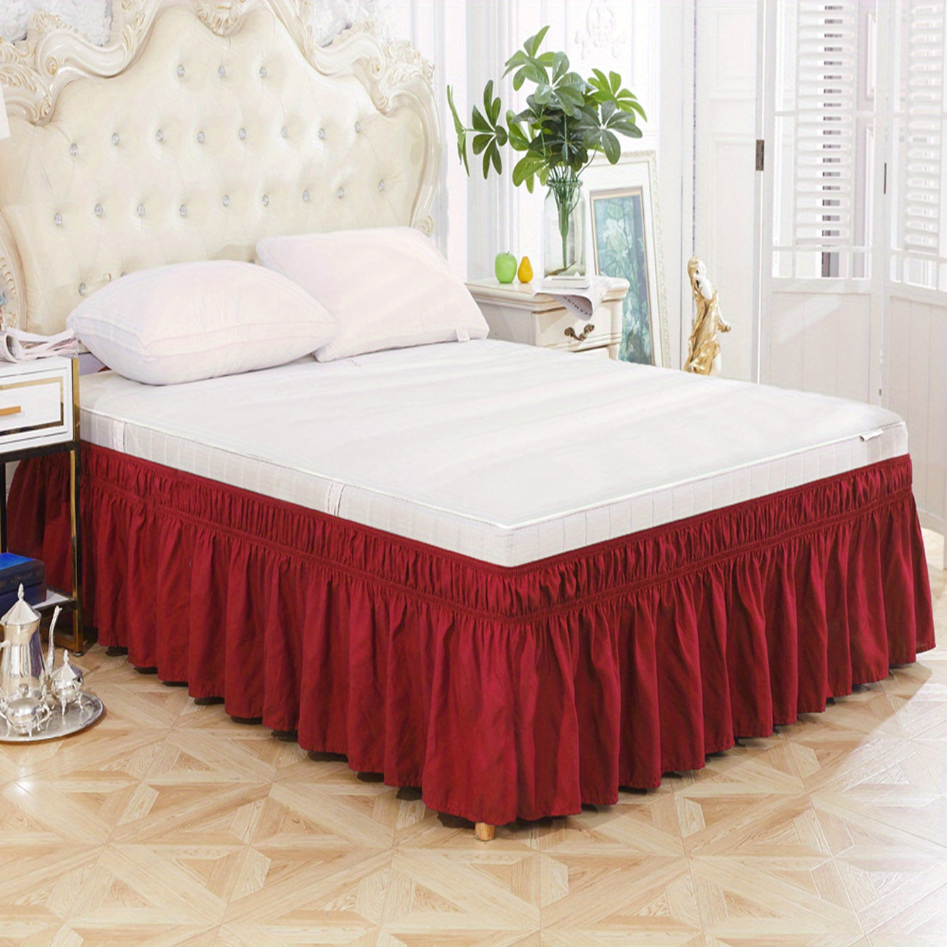 Elastic Bed Skirt in Pure Color, Soft Bedding Supplies, Lotus Leaf Edge Design for Comfortable and Durable Use in Bedroom or Guest Room. Skin-friendly Material.