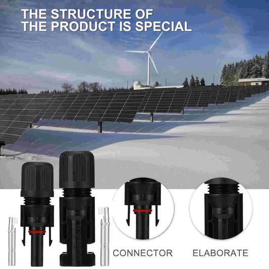 10 pairs of solar panel cable connectors with male/female plug for easy installation. Black plastic, 36V max voltage. Ideal for energy infrastructure development, with a modular connector