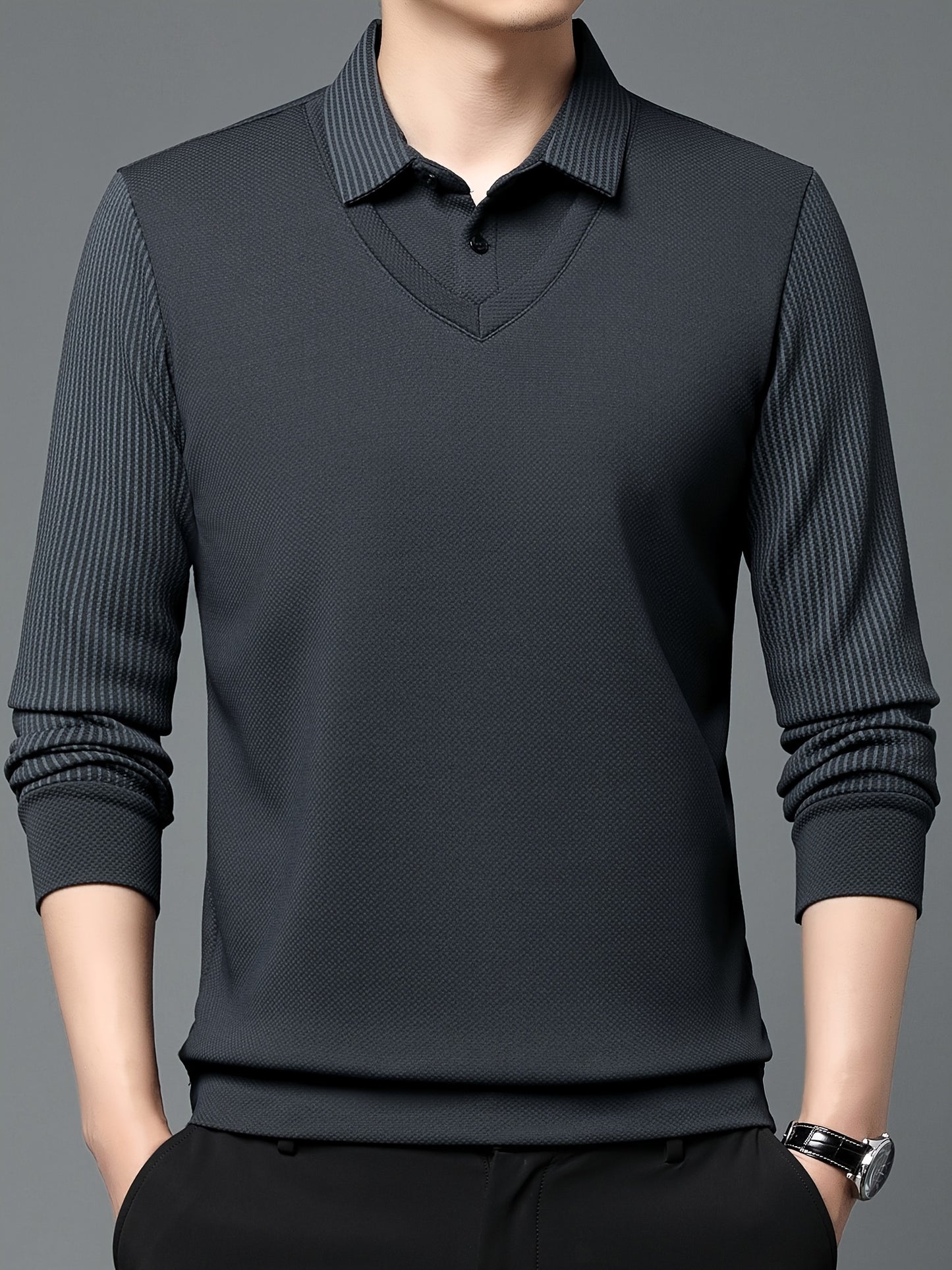 Men's Long Sleeve Striped Casual Golf Shirt for Outdoor Activities