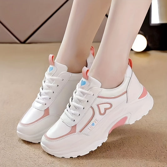 Women's casual fashion sneakers in white with plain toe, man-made upper and inner, rubber sole, and fabric insole. Trendy and versatile for all seasons.