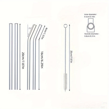 A package containing 6 high borosilicate transparent glass straws and 1 cleaning brush. These heat-resistant, washable, and reusable straws are perfect for enjoying your favorite drinks.