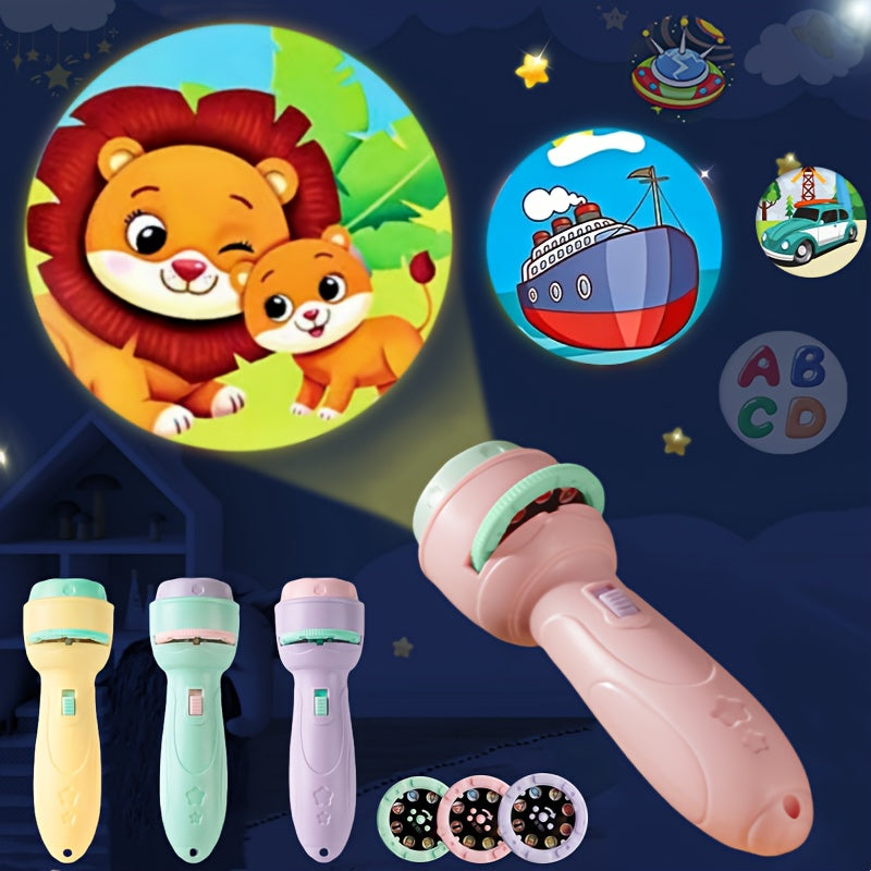 Children's projector toy for educational learning featuring dinosaur, ocean, and fruit patterns in pink, purple, green, and yellow.