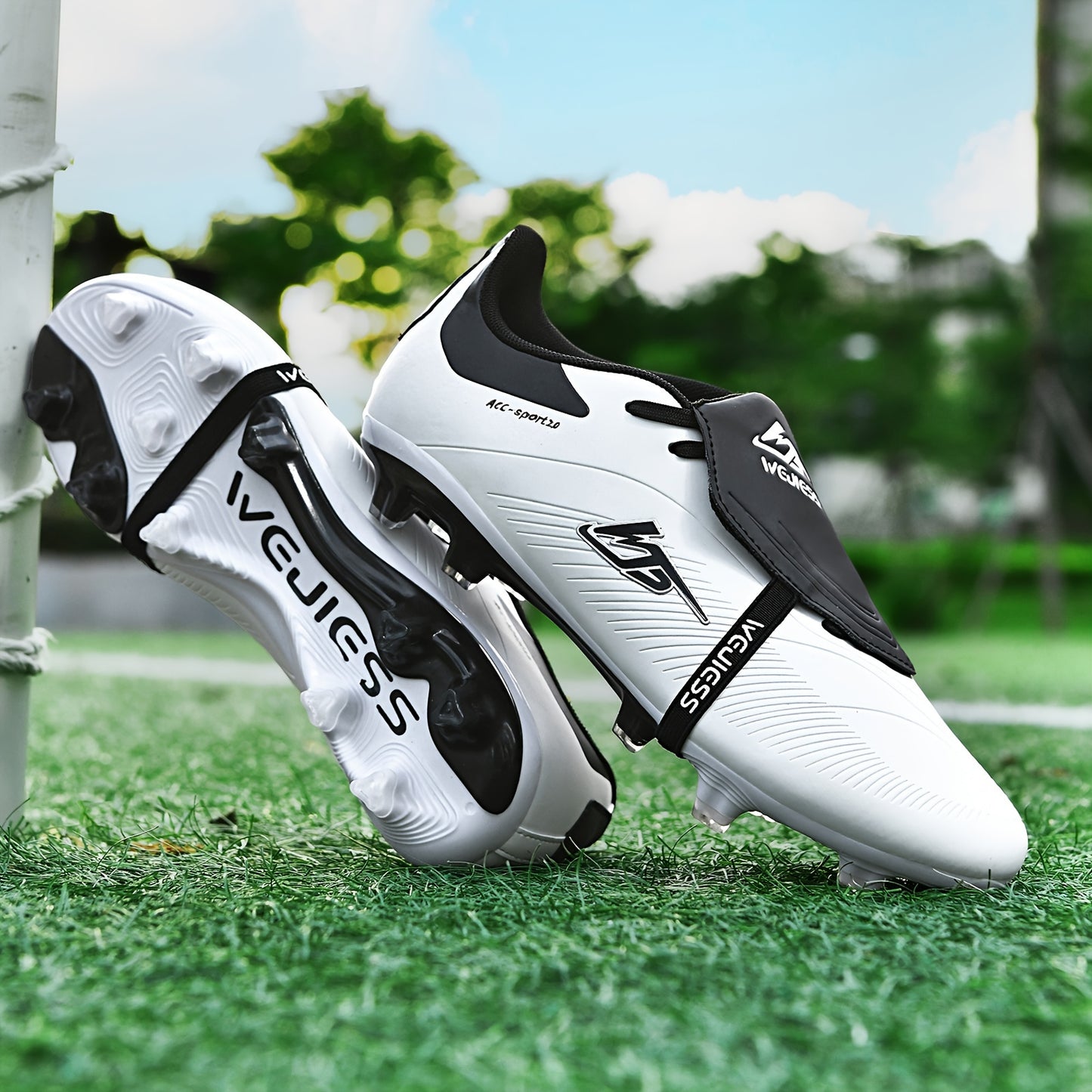 Men's High-Top Soccer Cleats with Anti-Slip Spikes, Breathable Design, Lightweight, Hook-and-loop Fastener, Black & White, Competition Soccer Cleats with Breathable Lining.