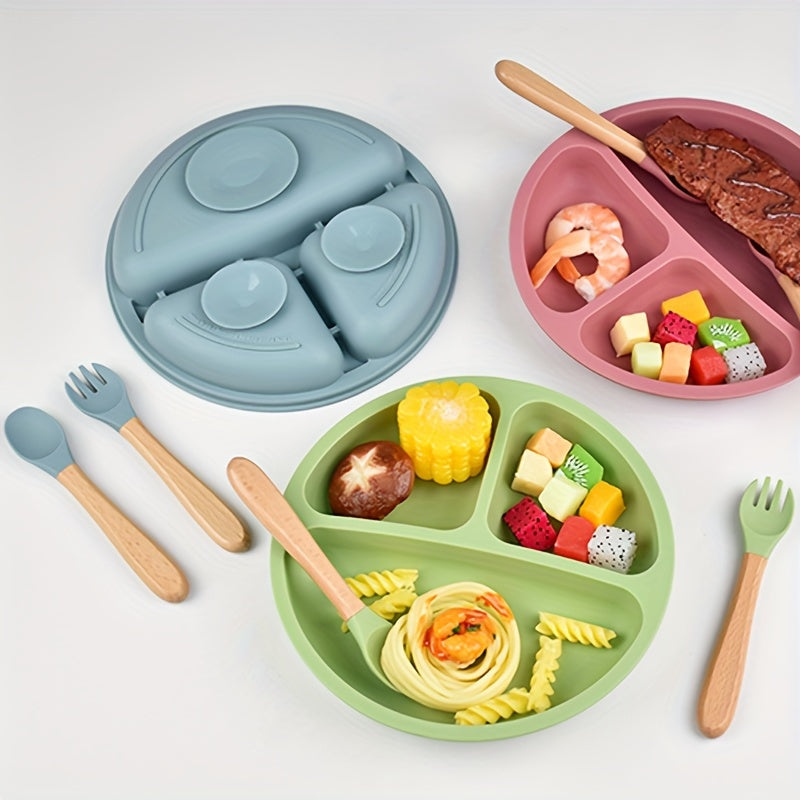 This 3-Piece Silicone Baby Feeding Set includes a suction divider plate, training spoon, and fork designed for infants and toddlers. Made from BPA-free and non-toxic materials, this flatware set promotes self-feeding. The mixed colors are suitable for