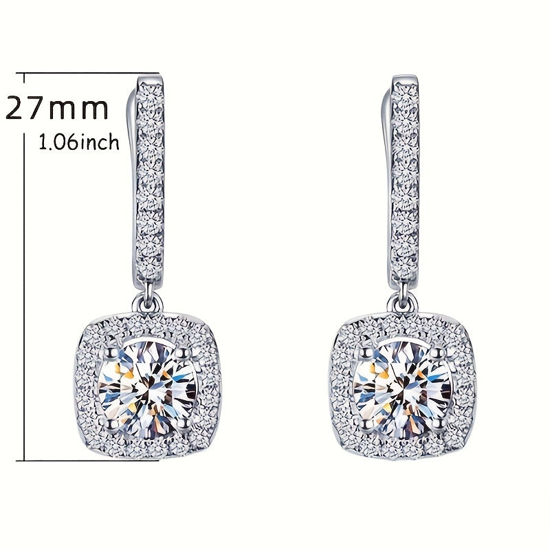 Luxurious Sterling Silver 925 Square Shaped Ear Jewelry with Shiny Zirconia Decoration, Dangle Earrings for a Banquet Party.