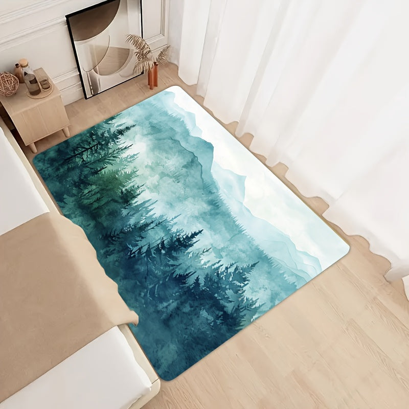 Forest Big Mountain Pattern Bathroom Carpet with Foam Cushion and Skid-Proof Bottom for Kitchen, Living Room, Bedroom, and Indoor Spaces. Machine Washable Entrance Doormat for Home Decor.