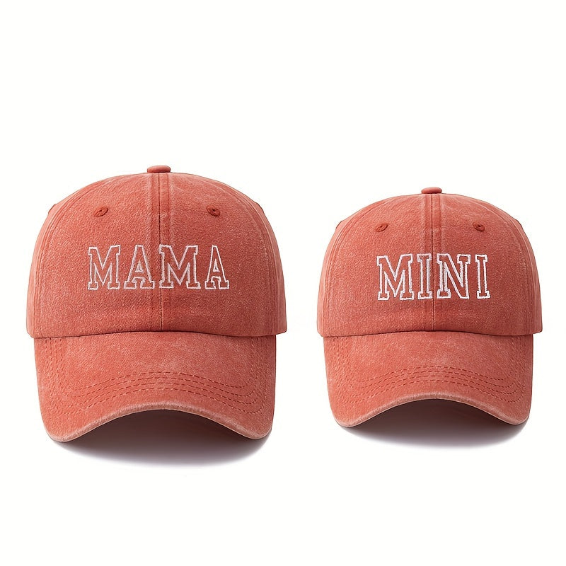 Set of 2 stylish baseball caps with high-quality embroidered letters "MAMA" and "MINI", curved brim design for outdoor activities, sun protection, and lightweight hip-hop style.