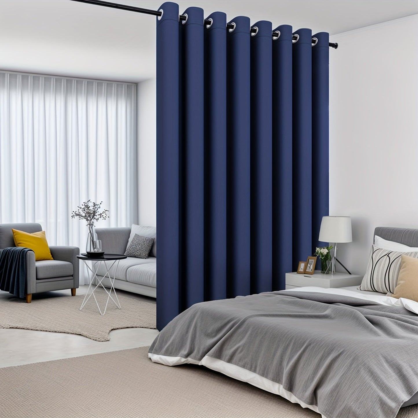 Modern Blackout Privacy Room Divider Curtain features UV protection and water-resistant polyester material with a grommet top for easy hanging. It is machine washable and suitable for all seasons, perfect for use in the living room or bedroom.