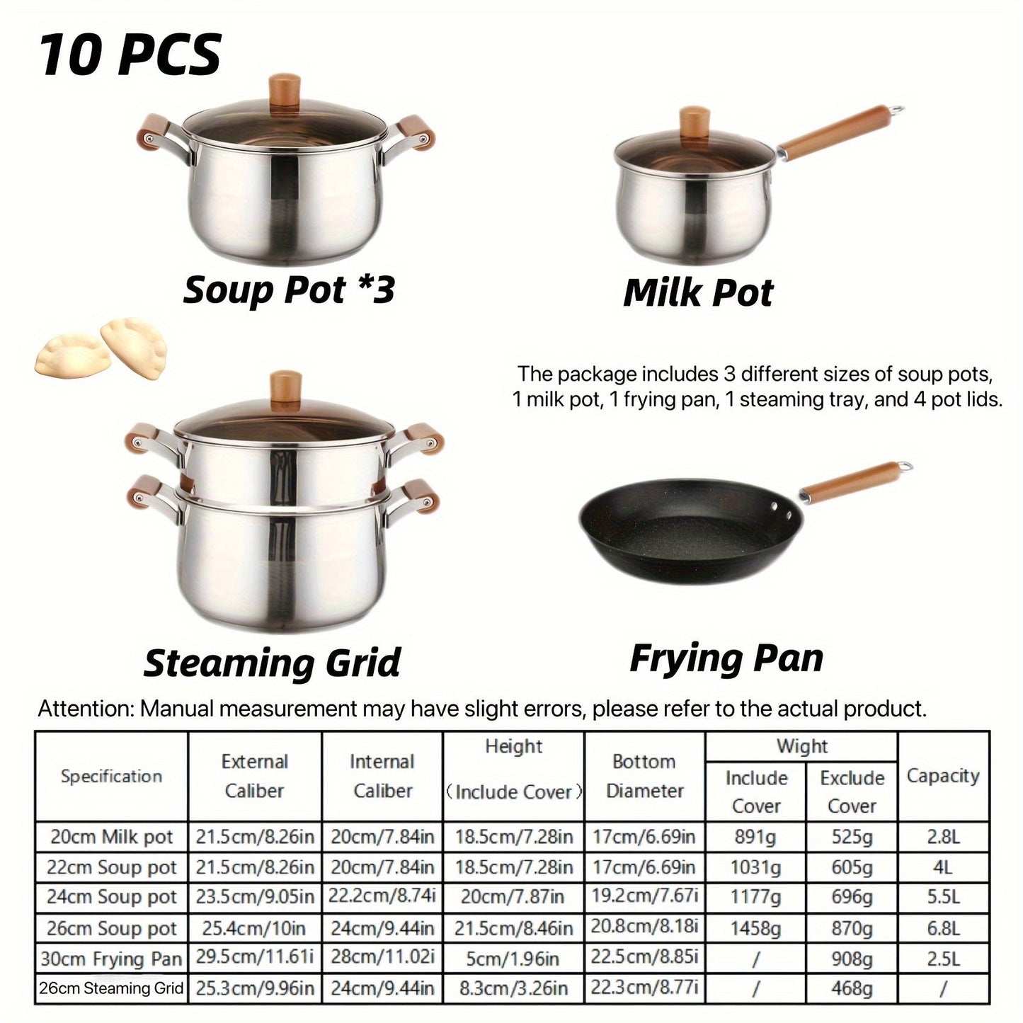 Stainless Steel Cookware Set includes 10 pieces, featuring frying and boiling pots, a non-stick skillet, and other versatile kitchen essentials. Suitable for use in both home kitchens and restaurants, this set is compatible with induction, gas, and