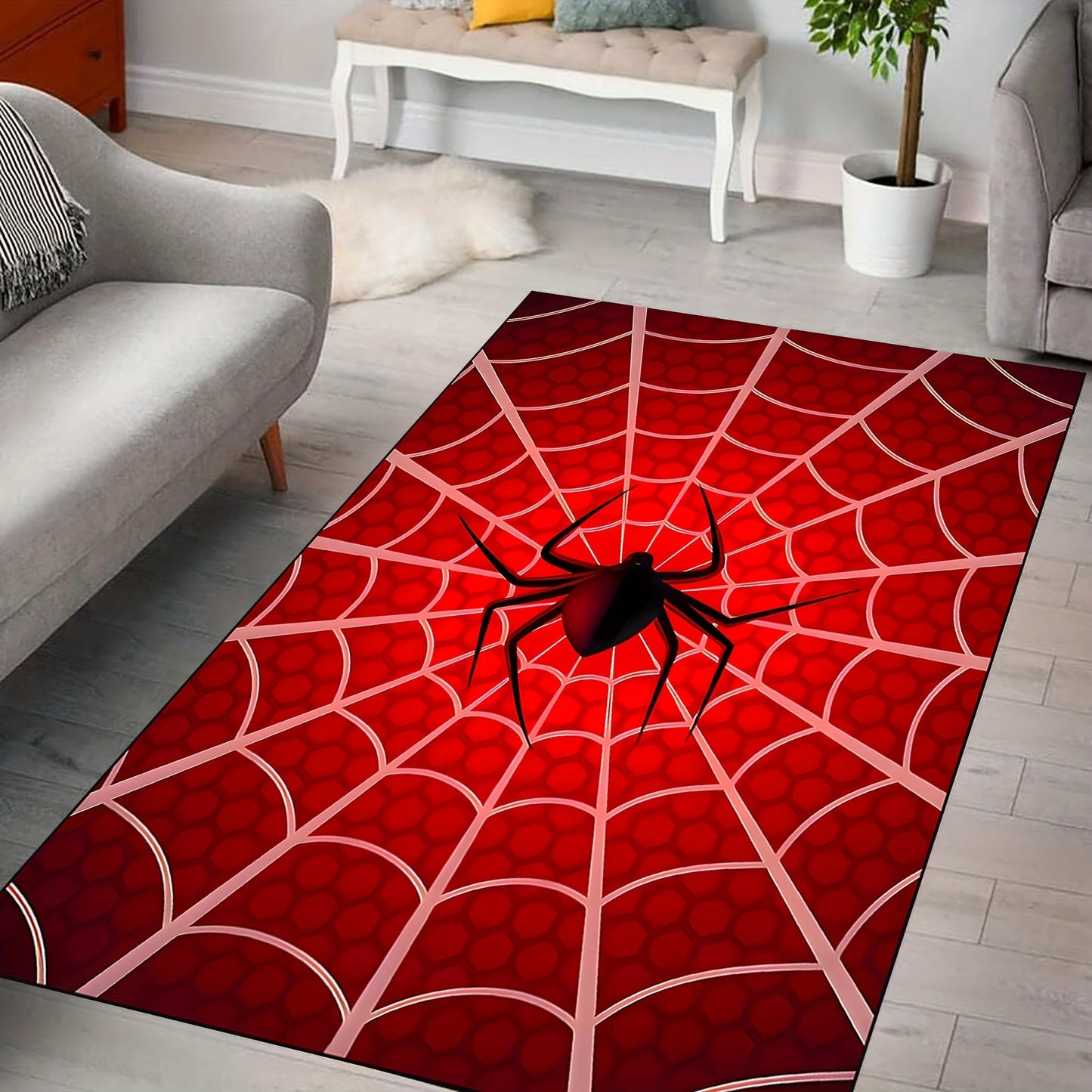 Enhance your space with the 3D Visual Spider Web Pattern Area Rug. This stylish and durable polyester fiber carpet is anti-slip and washable, making it perfect for use in the living room, bedroom, or gaming room. It is an ideal decoration for a boy's