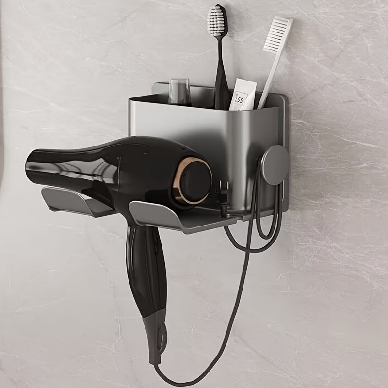 Wall-mounted bathroom organizer rack with multiple functions including storage for hair dryer, combs, razors, and makeup. Features a smartphone holder and durable plastic construction. No drilling required. Great Christmas/Halloween gift for home