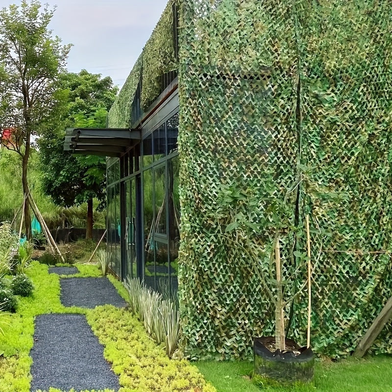 Durable nylon mesh for outdoor landscaping and concealment with universal knit fabric camo pattern.