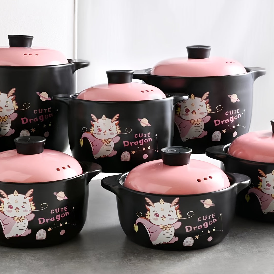 Cookware set including a ceramic soup pot, clay cooking pot, and casseroles with cartoon pattern stew pottery, ideal for making hot pot and soup dishes.