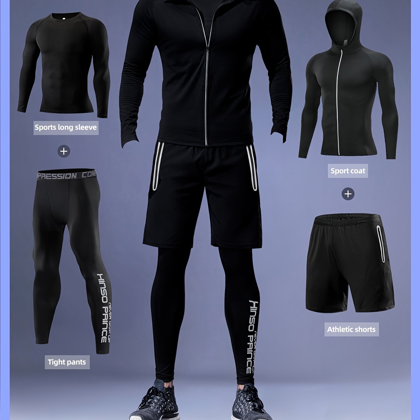 Men's Athletic set includes a quick-dry, stretchy hoodie, shorts, and leggings ideal for running, basketball training, and outdoor activities.