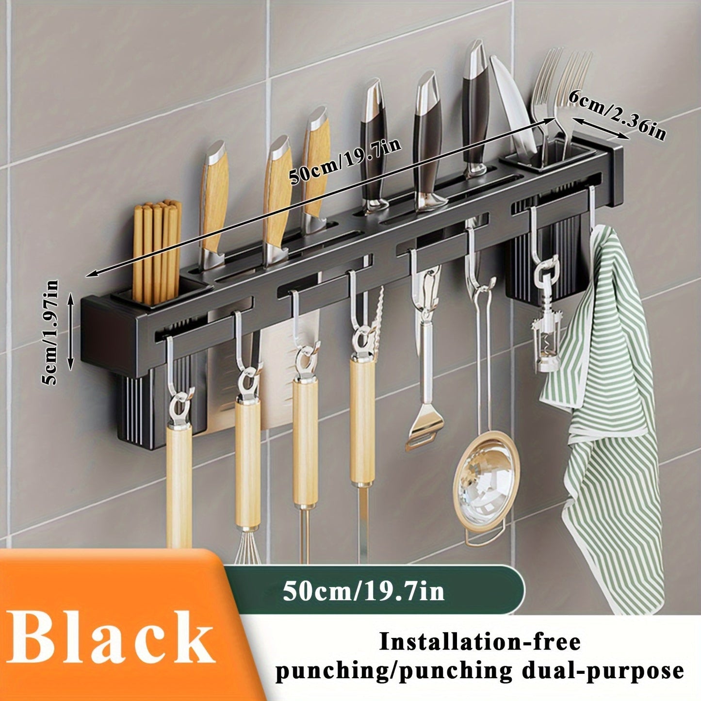 Wall-mounted stainless steel kitchen knife rack with 8 hooks and a dual-purpose design for holding knives and chopsticks. Measures 50cm in length and comes with a shelf for storing other household items. Easy to install without the need for punching