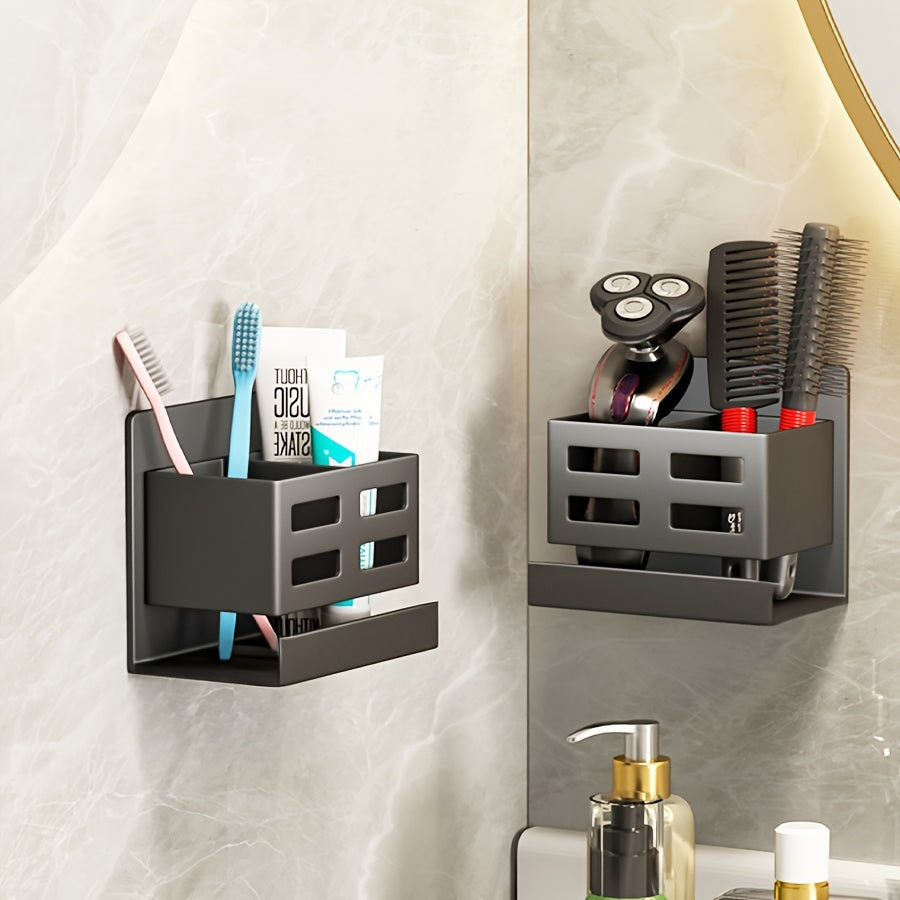 Wall-mounted storage rack with self-adhesive installation for organizing toothbrushes, toothpaste, and other accessories in kitchen, bathroom, living room, office, or shower.