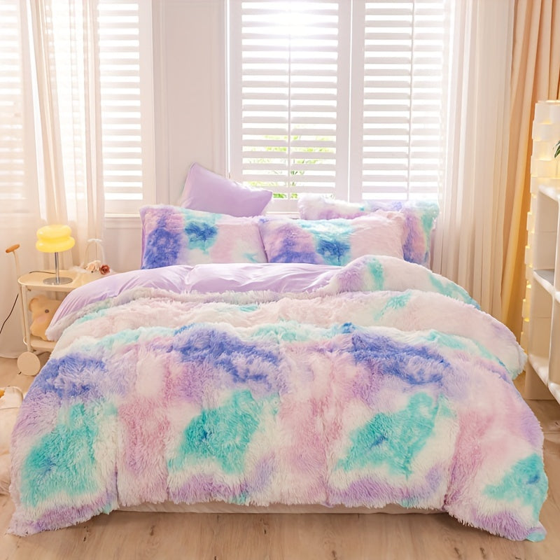 Y2K Tie Dye Plush Duvet Cover Set includes 3 pieces (1 Duvet Cover + 2 Pillowcases), providing soft and warm bedding.