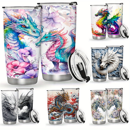 Stainless steel tumbler featuring a 3D dragon design, leak proof and BPA free. Vacuum insulated for outdoor activities. Ideal gift for holidays and birthdays.