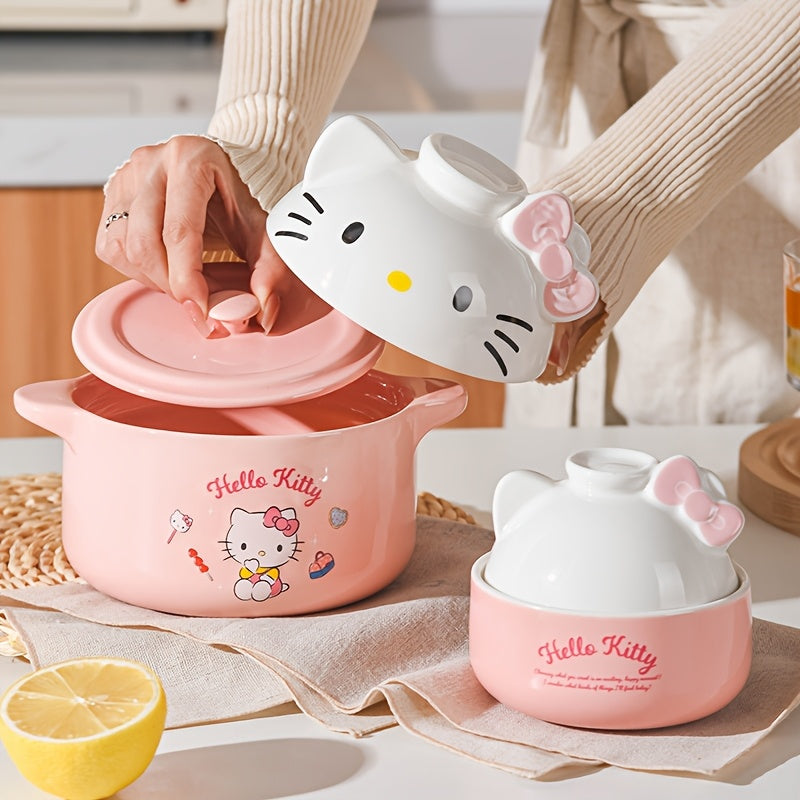 One Sanrio Hello Kitty Ceramic Cartoon Pot, Adorable Soup Crock with Lid, Multi-Purpose Stew Pot for Cooking, Baking, and Steaming - Charming Kitchen Cookware