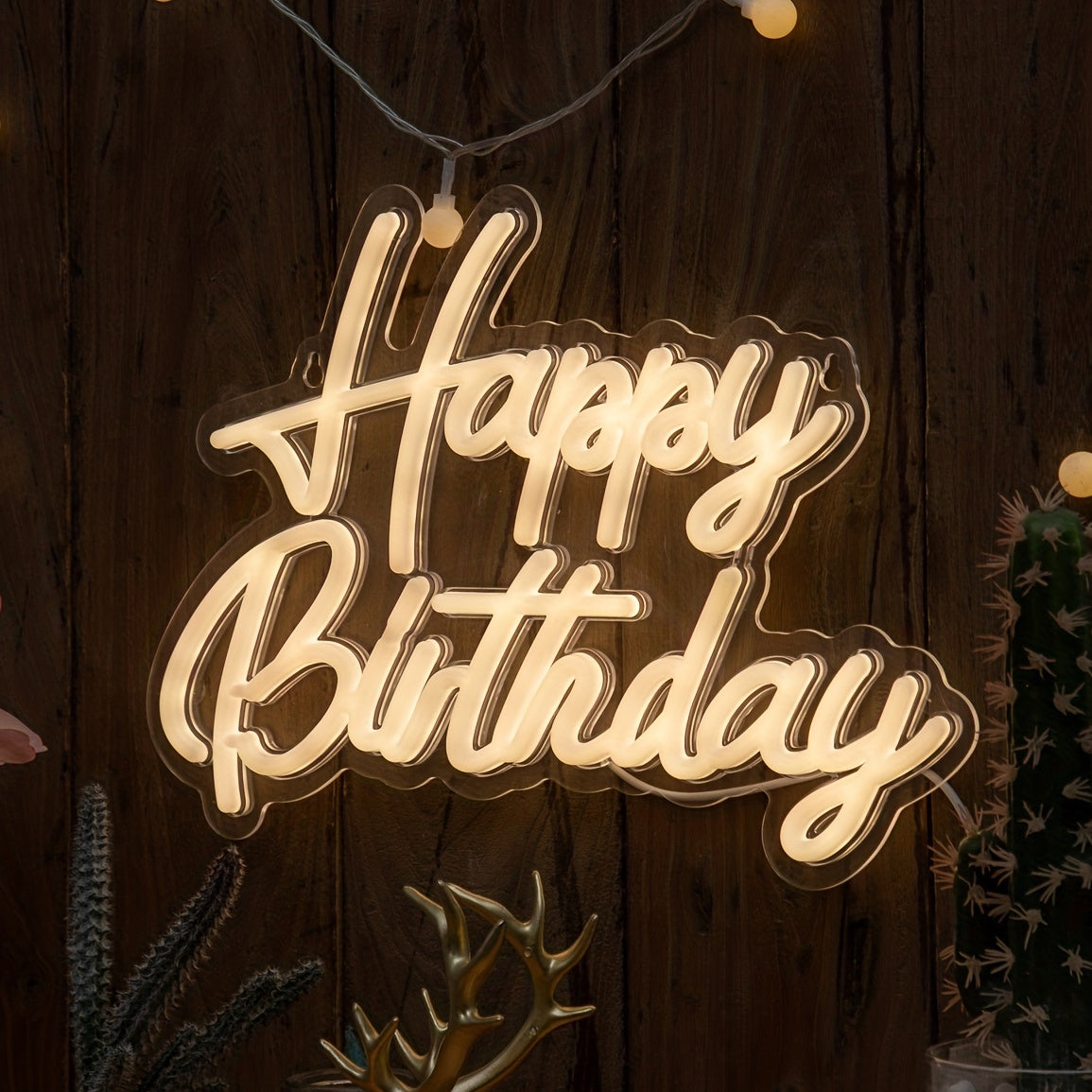 Happy Birthday Neon Sign; USB-powered plastic wall light with switch control, perfect for birthday party decor.