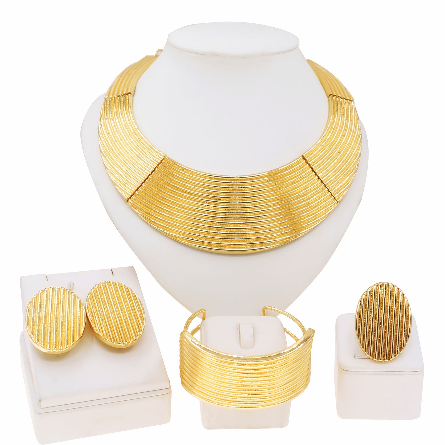 Gold plated women's jewelry set featuring a large round necklace. This elegant and minimalist piece is the perfect holiday gift for any woman who loves accessories.