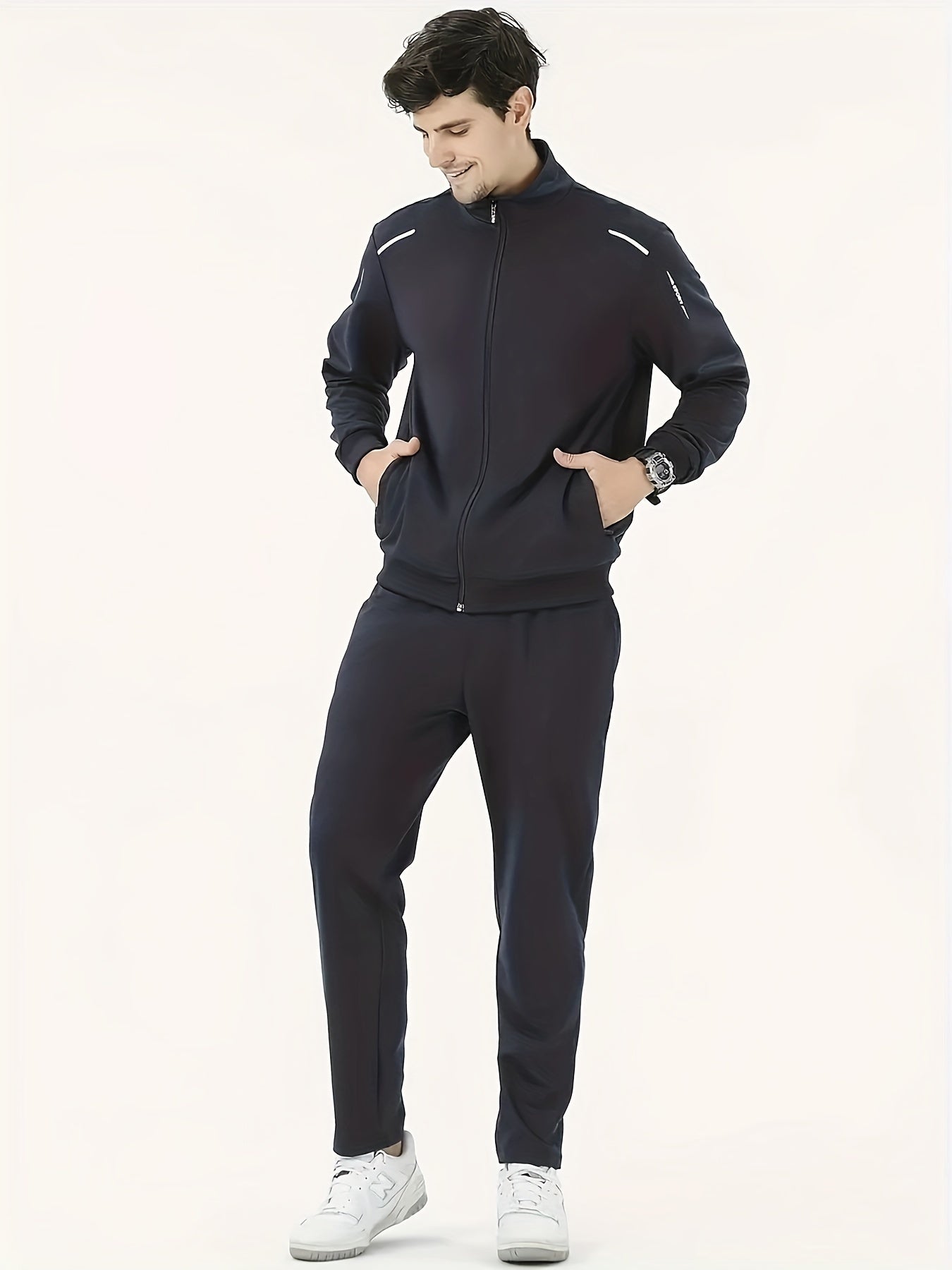 Men's casual sportswear set featuring a polyester zip-up jacket and drawstring joggers with pockets. Includes long sleeves, letter print, non-transparent material, and an all-season comfort