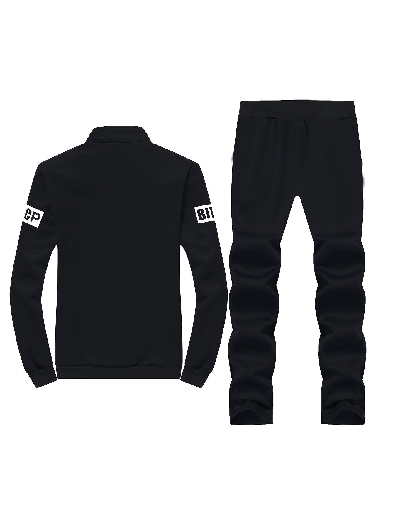 Men's Spring/Autumn Navy Blue Tracksuit Set with "SPORT" Print, Zip-Up Collared Jacket & Joggers, made of 100% Polyester, Non-Stretch Fabric, with Pockets