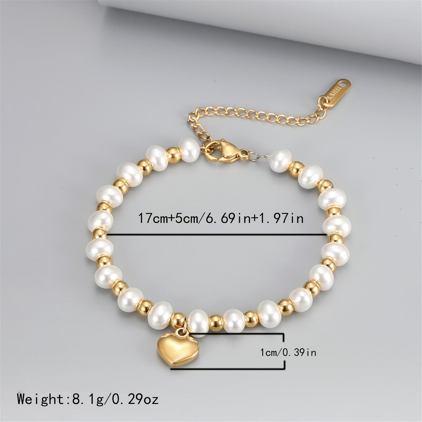 Valentines Day Jewelry Gift: Minimalist Hand Bracelet with Heart-Shaped Pendant and Faux Pearls, Stainless Steel Beads