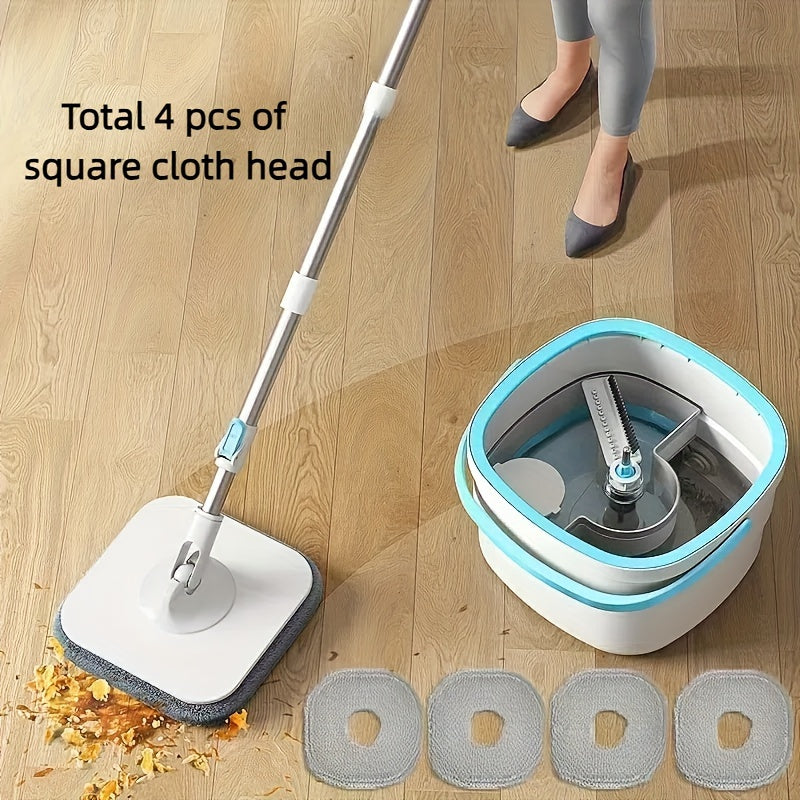 The Spin Mop and Bucket Kit includes a mop and bucket with wringer set that automatically separates dirty and clean water. It comes with 4 microfiber mop pads and is suitable for use on wooden floors, tile floors, marble, and windows.