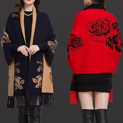 Double-sided knit shawl with floral design in black & beige/red, perfect for autumn & winter. Hand wash or dry clean for care.