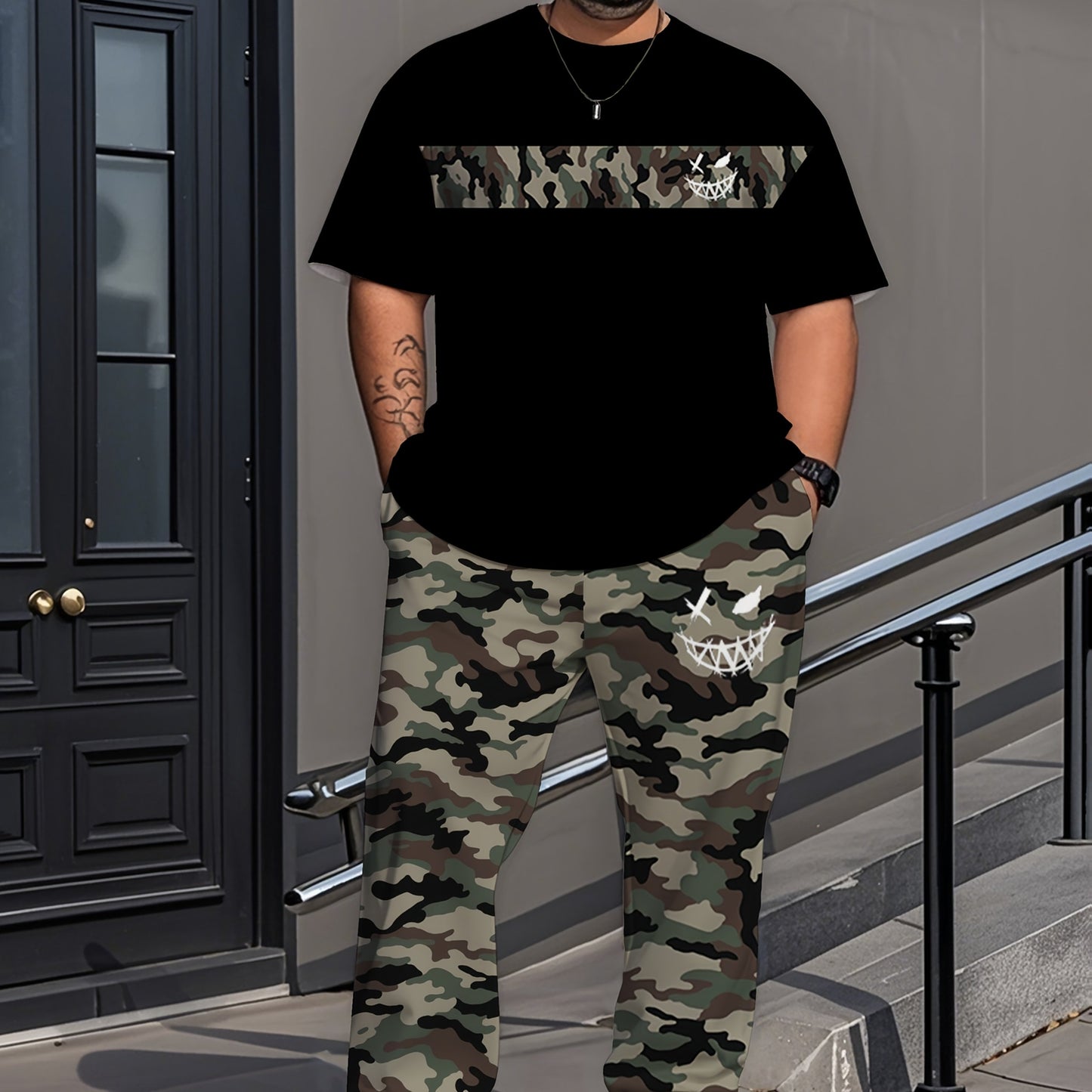 Men's plus-size camouflage set with short-sleeve top and long pants, perfect for outdoor activities. Features round neck, fitted design, and slightly stretchy fabric.