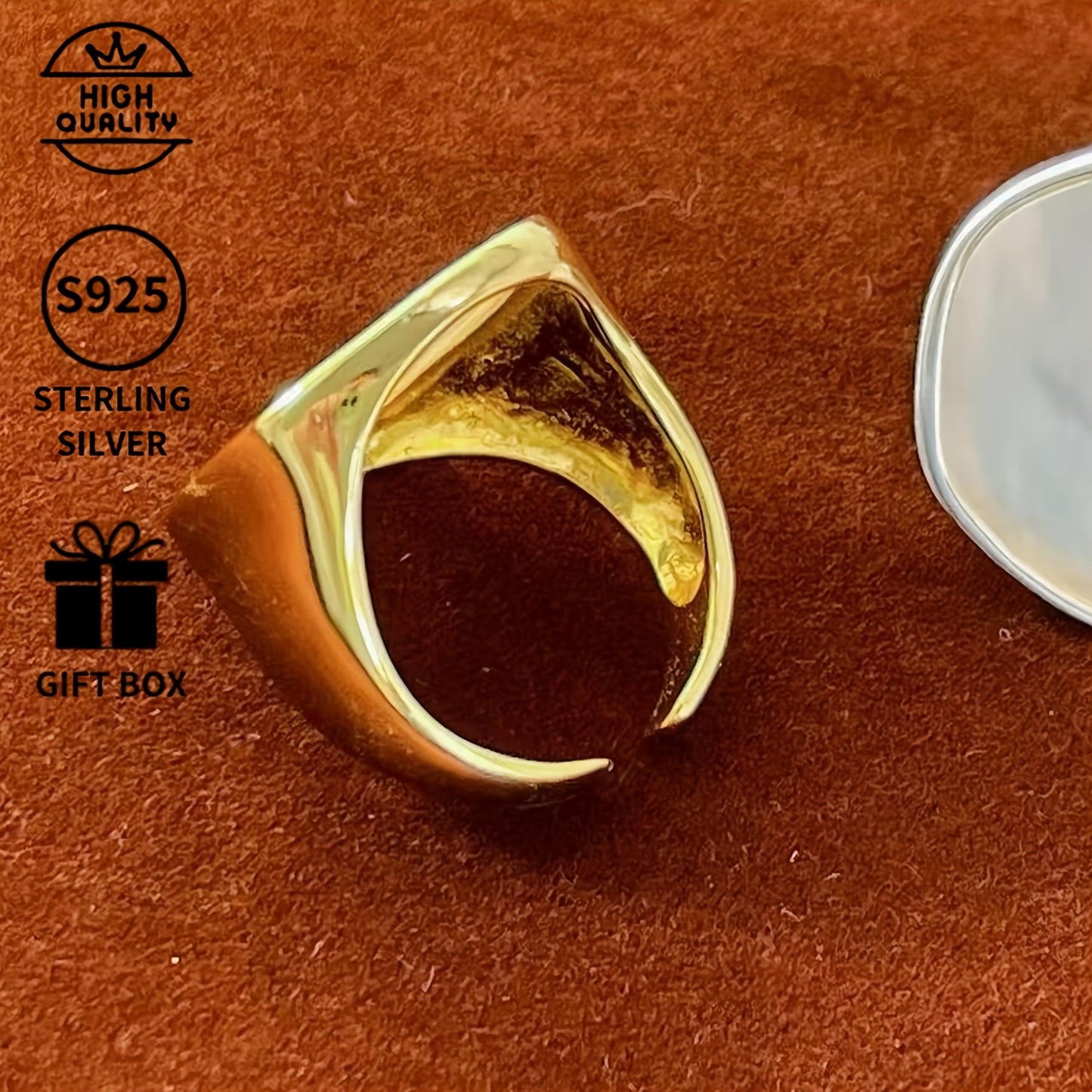 Handcrafted Luxury Hip Hop Style Ring with 925 Sterling Silver and 14K Gold Plated Shell Inlay - Perfect for Special Occasions and Celebrations like Christmas, Thanksgiving, Mother's Day, Valentine's, Proposals, Anniversaries, and Birthday Parties -