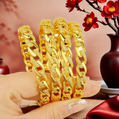 Luxurious set of 4 bohemian style bangles made of 24K gold plated copper adorned with synthetic zirconia. Featuring a fashionable design perfect for weddings, parties, and banquets. Makes a great gift for the Spring Festival, suitable for all seasons.