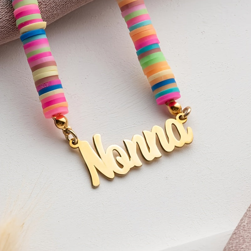 Customized Rainbow Name Necklace plated in 18K gold, featuring polymer clay beads. This accessory is both elegant and adorable, perfect for wearing all year round at any occasion. A great gift idea for Christmas and New Year's.