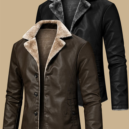 Men's warm jacket with faux fur lining, windproof for autumn/winter daily and leisure wear, made of fleece and PU leather.