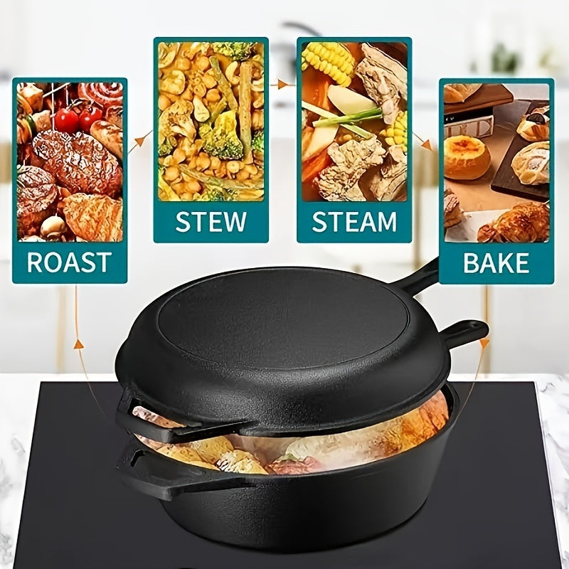 Black 1PC Cast Iron Combo Cooker, Pretreated Stew Pans and Frying Pans with Non-Stick Coating and Heat-Resistant Handles